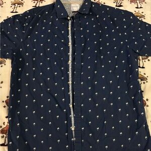 Men's Navy Blue Palm Tree Print Button Down Short Sleeve Shirt Size XL
